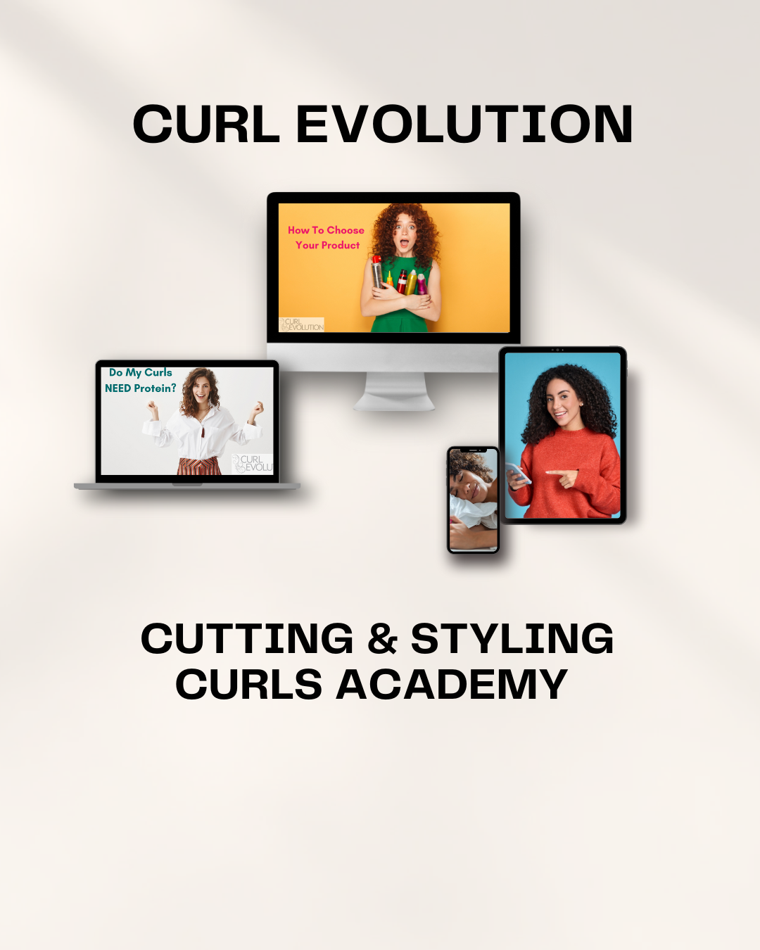 Cutting & Styling Curls Academy shown across laptop, desktop, tablet and phone